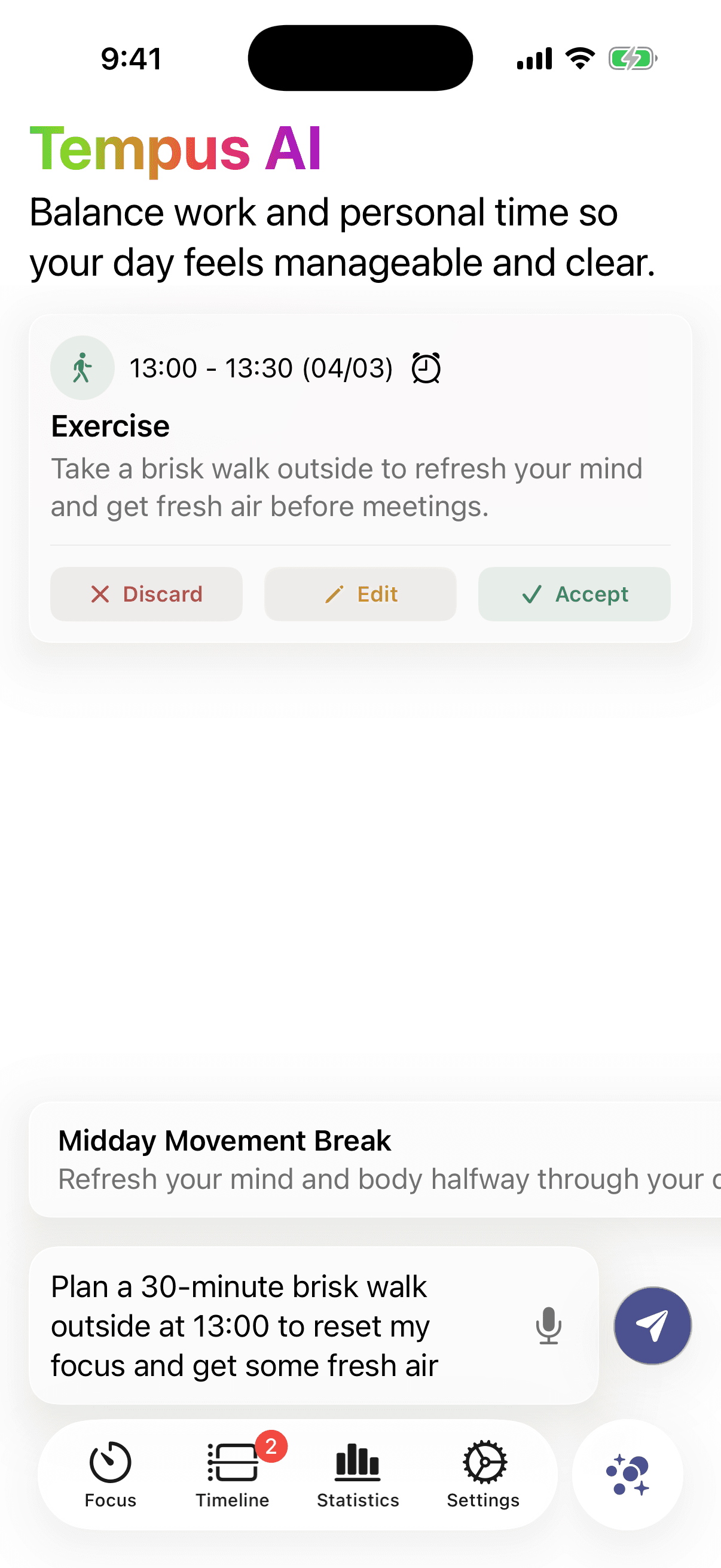 Tempus AI turning a spoken request into a scheduled block