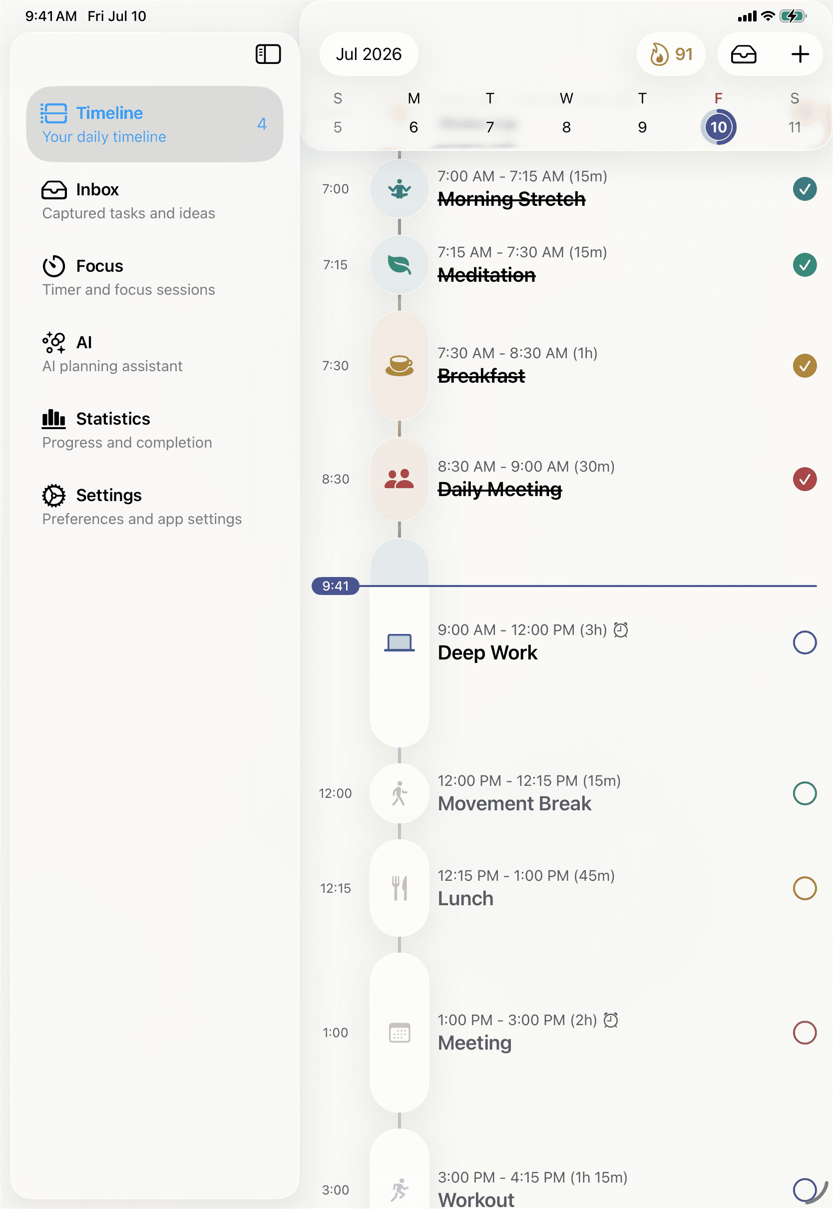Tempus on iPad, showing the day timeline with more room