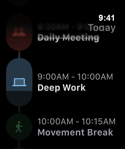 Tempus on Apple Watch, showing the next tasks